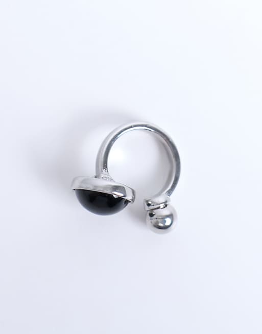 Topshop Rae Stainless Steel Ring With Semi Precious Stone In Silver & Black