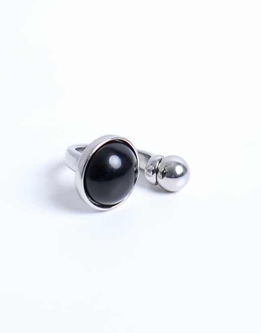 Topshop Rae stainless steel ring with semi precious stone in silver & black