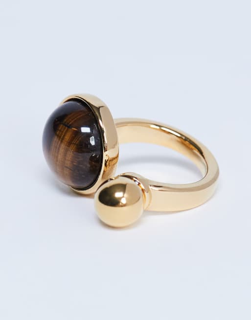 Topshop Rae Stainless Steel Ring With Tiger Eye Stone In Gold