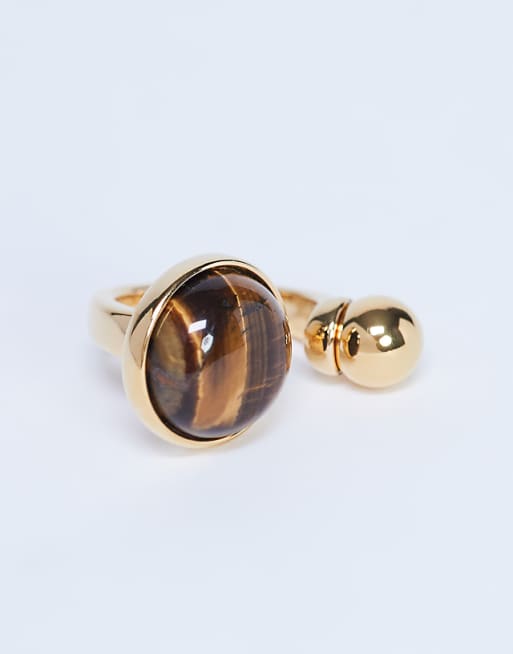 Topshop Rae stainless steel ring with tiger eye stone in gold
