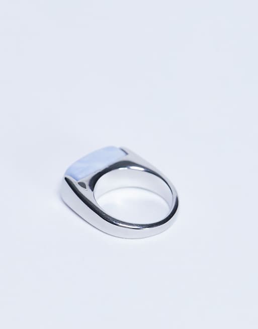 Topshop Raquel Stainless Steel Blue Stone Ring In Silver