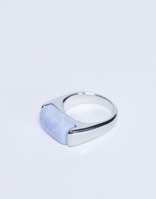 Topshop Raquel Stainless Steel Blue Stone Ring In Silver