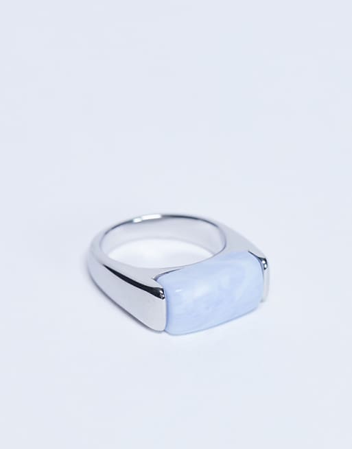 Topshop Raquel Stainless Steel Blue Stone Ring In Silver