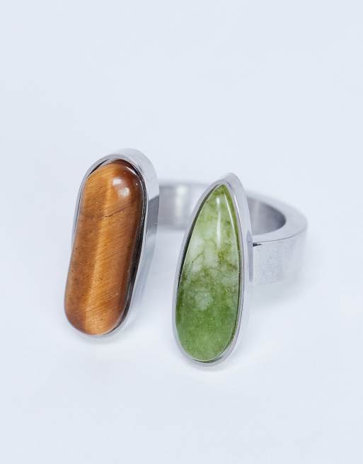 Topshop Rosie Stainless Steel Ring With Green & Tiger Semi Precious Stones In Silver Tone