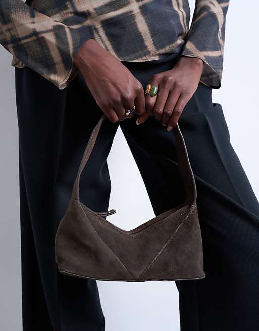 Topshop Safia real suede shoulder bag in chocolate