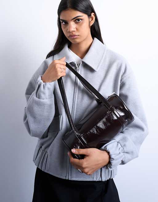 Topshop Salma Bowler Bag In Chocolate Patent