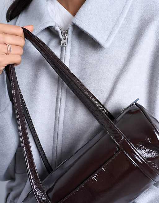 Topshop Salma Bowler Bag In Chocolate Patent