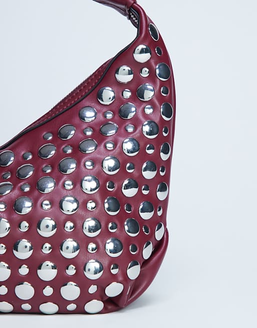 Topshop Samantha Studded Shoulder Bag In Burgundy