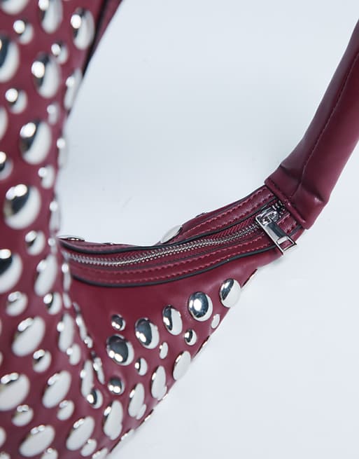 Topshop Samantha Studded Shoulder Bag In Burgundy