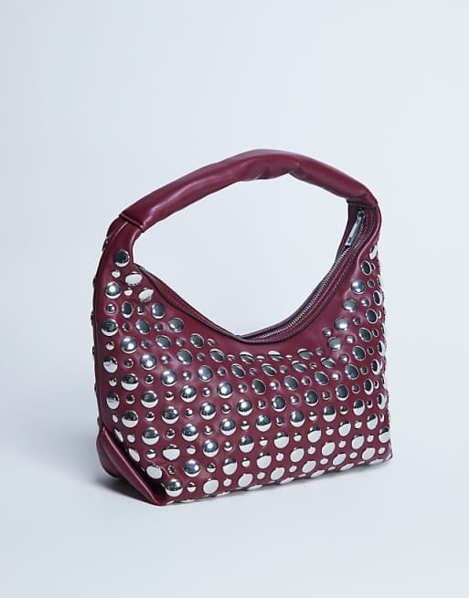 Topshop Samantha Studded Shoulder Bag In Burgundy