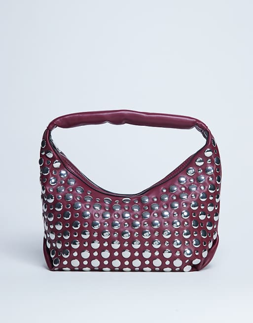 Topshop Samantha studded shoulder bag in burgundy