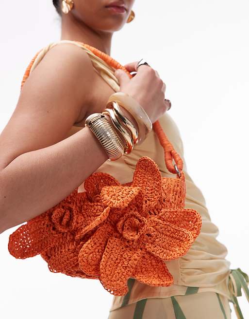 Topshop Sana Knitted Flower Bag In Orange