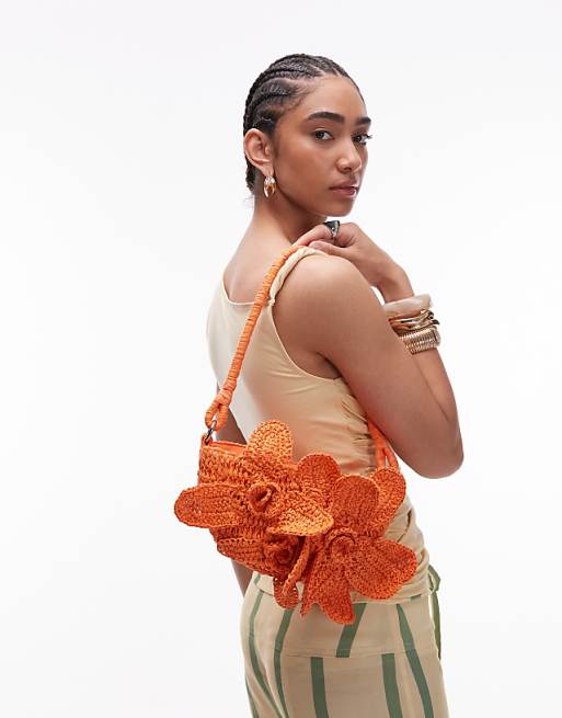 Topshop Sana Knitted Flower Bag In Orange