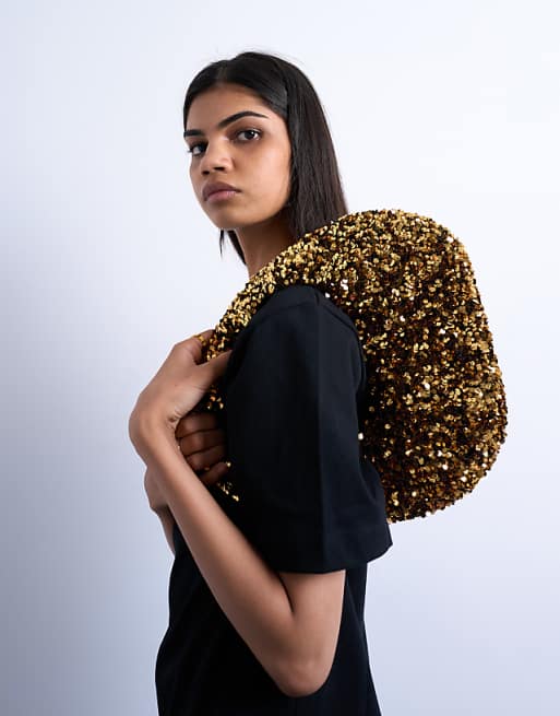 Topshop Santana Scoop Sequin Shoulder Bag In Gold