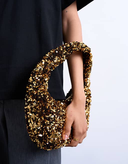 Topshop Santana Scoop Sequin Shoulder Bag In Gold
