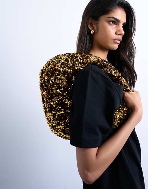 Topshop Santana scoop sequin shoulder bag in gold