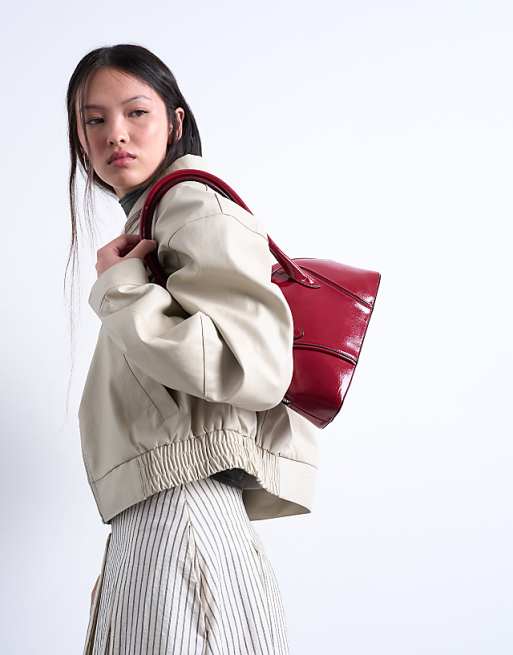 Topshop Saoirse Patent Shoulder Bag In Burgundy