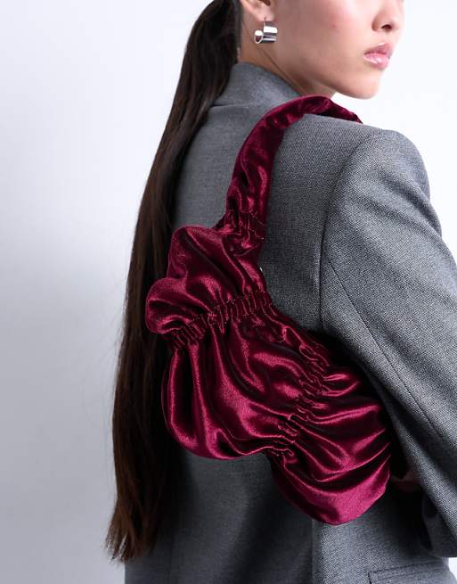 Topshop Saphire Ruched Velvet Shoulder Bag In Plum