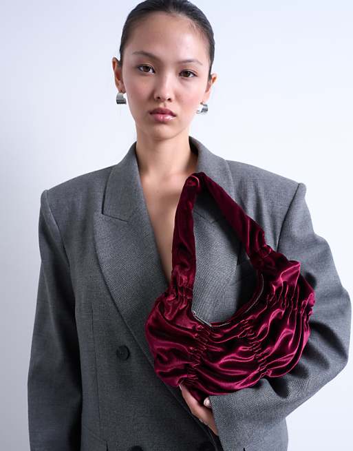 Topshop Saphire Ruched Velvet Shoulder Bag In Plum