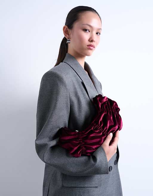 Topshop Saphire Ruched Velvet Shoulder Bag In Plum