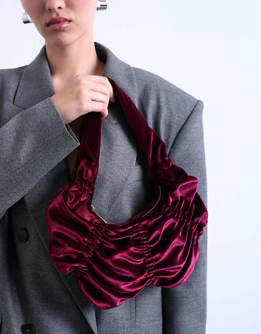 Topshop Saphire ruched velvet shoulder bag in plum