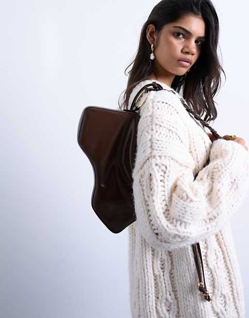 Topshop Sarah whipstitch shoulder bag in chocolate
