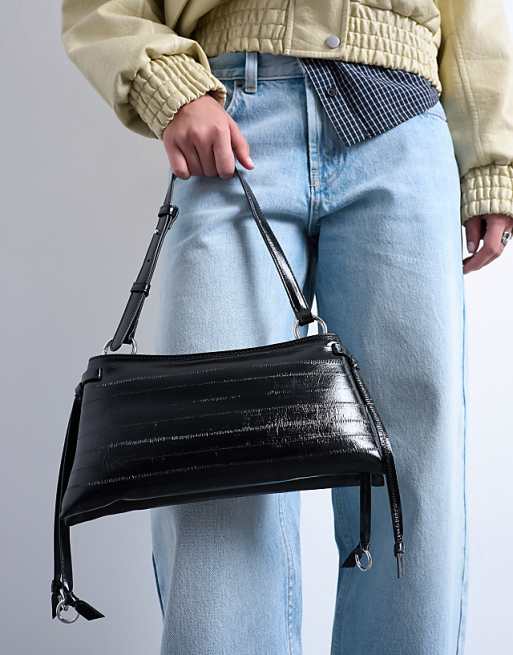 Topshop Saxon Textured Shoulder Bag In Black
