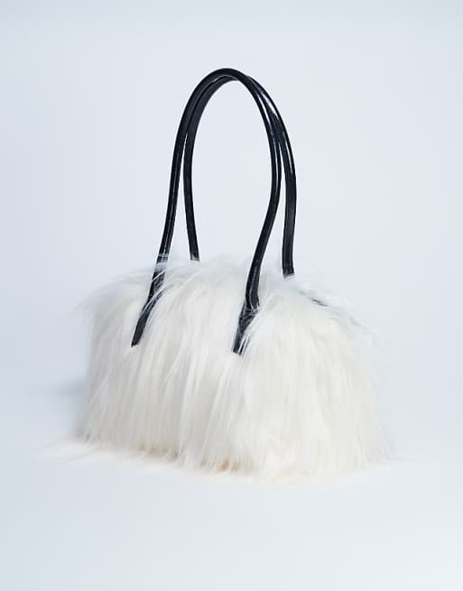 Topshop Shaggy Faux Fur Shoulder Bag In Off White