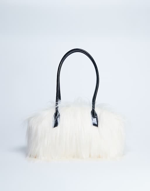 Topshop Shaggy faux fur shoulder bag in off white