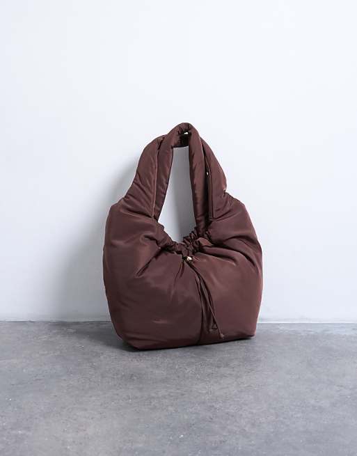 Topshop Sia Ruched Nylon Shoulder Bag In Chocolate