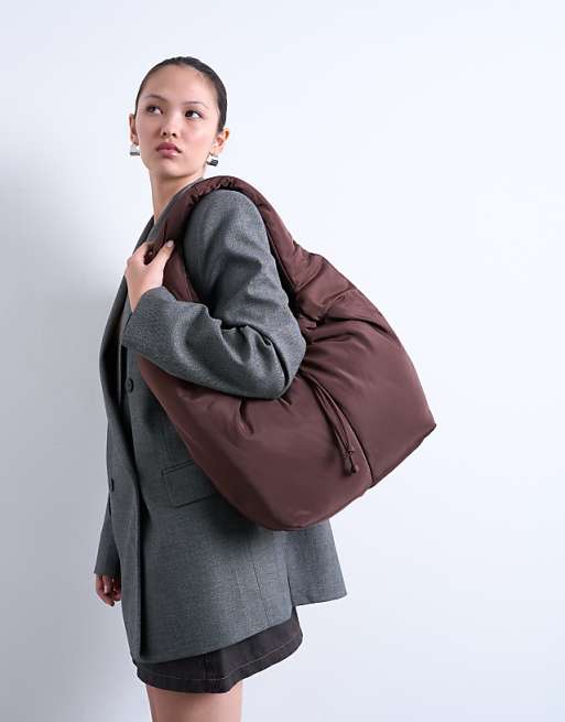 Topshop Sia Ruched Nylon Shoulder Bag In Chocolate