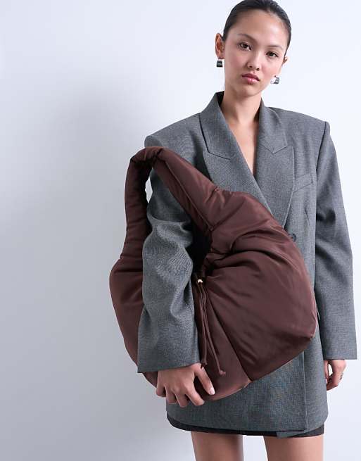 Topshop Sia ruched nylon shoulder bag in chocolate