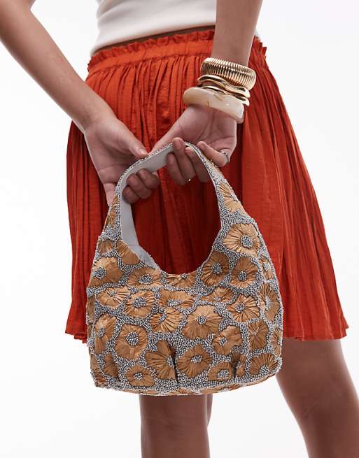 Topshop Sindri Floral Embellished Bag In Natural & Silver