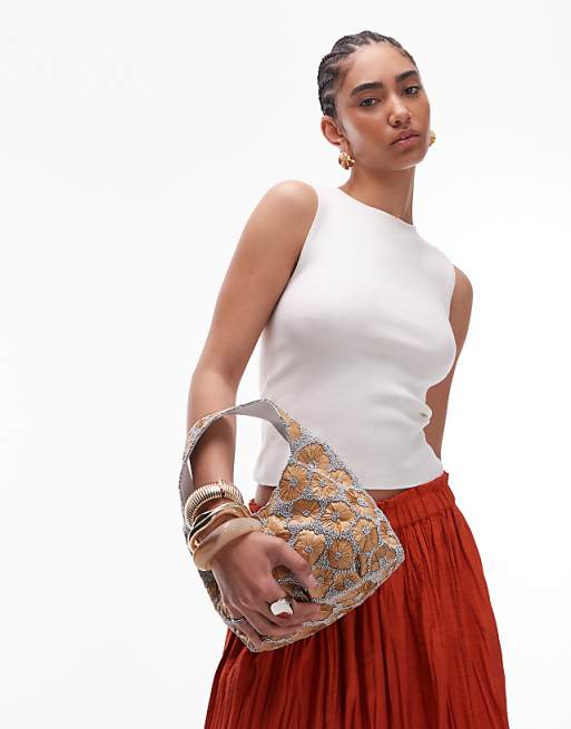 Topshop Sindri floral embellished bag in natural & silver