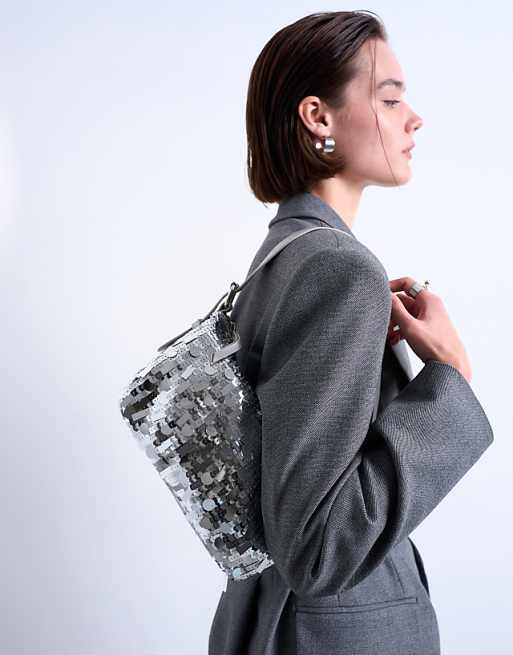 Topshop Sol Shoulder Sequin Bag With Leather Handle In Silver