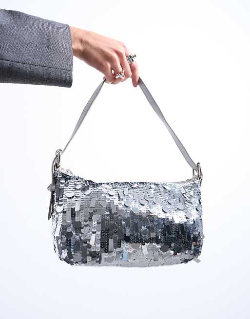 Topshop Sol Shoulder Sequin Bag With Leather Handle In Silver
