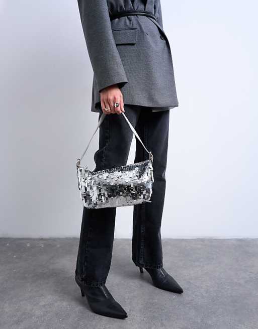 Topshop Sol Shoulder Sequin Bag With Leather Handle In Silver