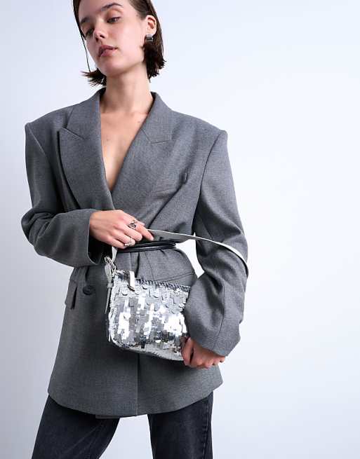 Topshop Sol shoulder sequin bag with leather handle in silver