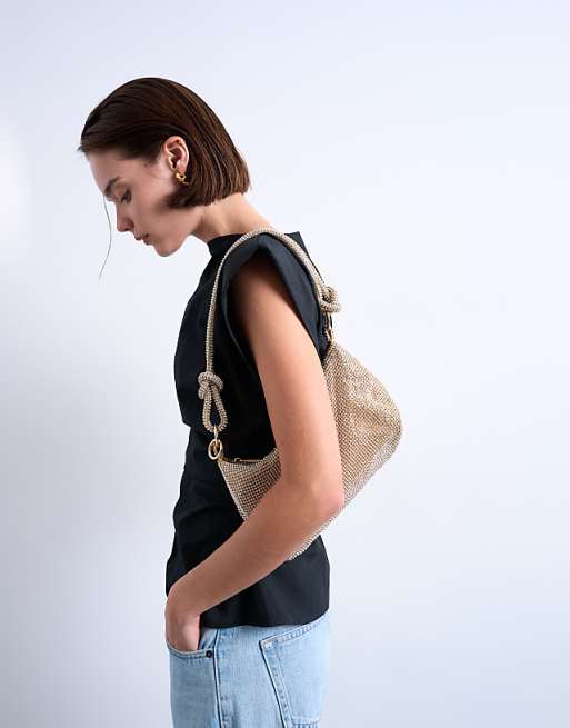 Topshop Sparkles Diamante Shoulder Bag In Gold