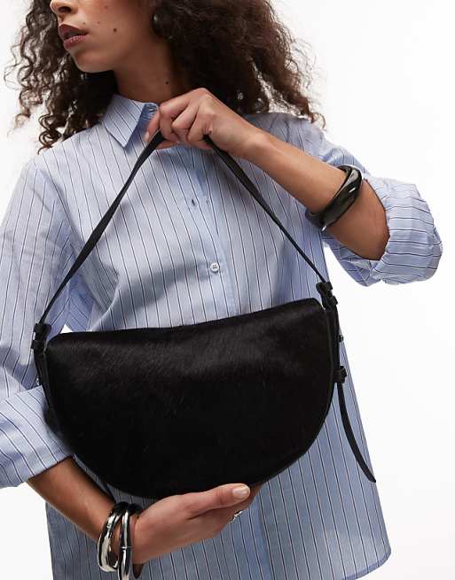 Topshop Sunday Real Leather Shoulder Bag In Black Pony
