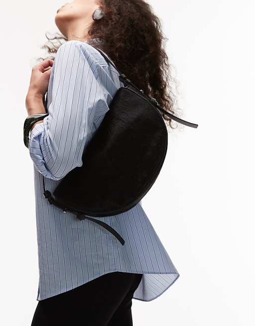 Topshop Sunday real leather shoulder bag in black pony