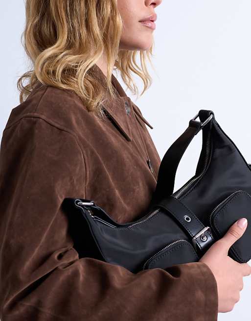 Topshop Sunrise Pocket Shoulder Nylon Bag In Black