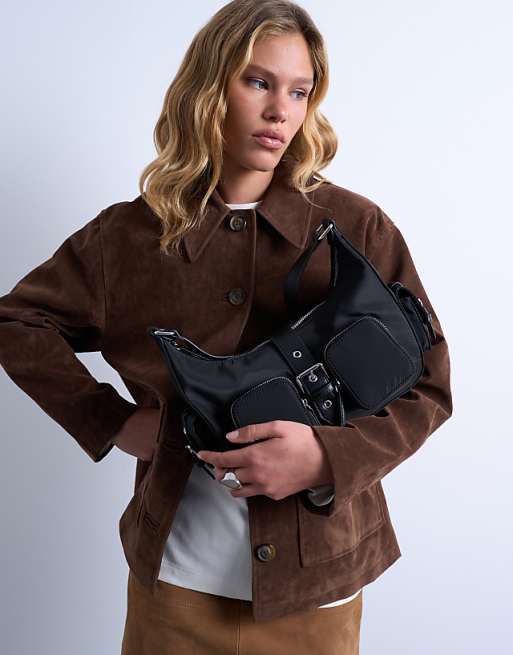 Topshop Sunrise pocket shoulder nylon bag in black