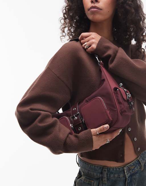 Topshop Sunrise Pocket Shoulder Nylon Bag In Burgundy