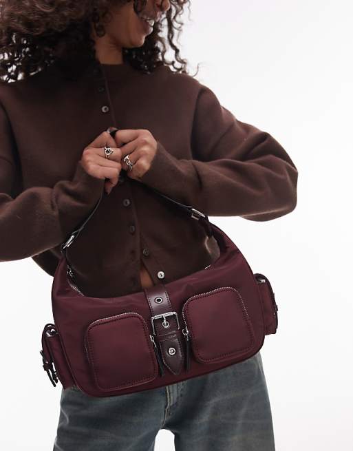 Topshop Sunrise Pocket Shoulder Nylon Bag In Burgundy