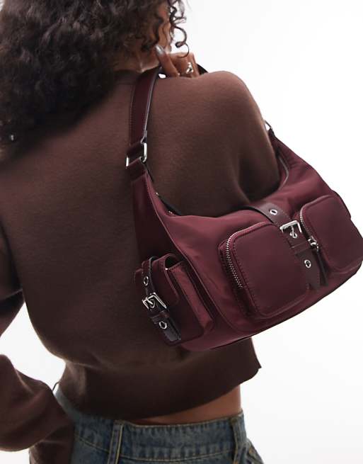 Topshop Sunrise pocket shoulder nylon bag in burgundy