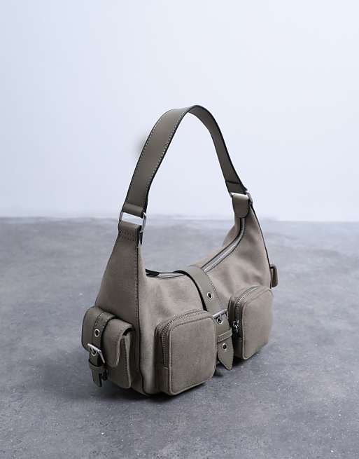 Topshop Sunrise Pocket Shoulder Suede Bag In Taupe