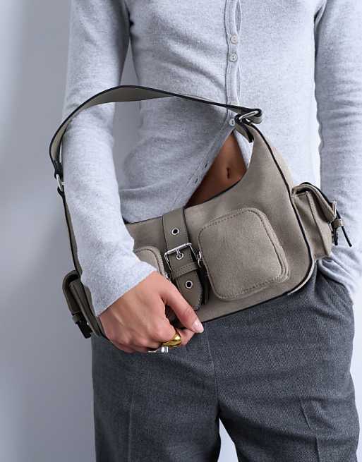 Topshop Sunrise Pocket Shoulder Suede Bag In Taupe