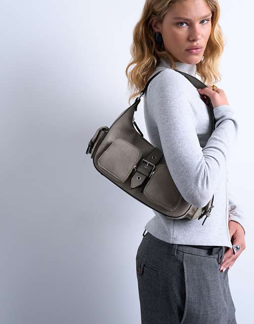 Topshop Sunrise pocket shoulder suede bag in taupe