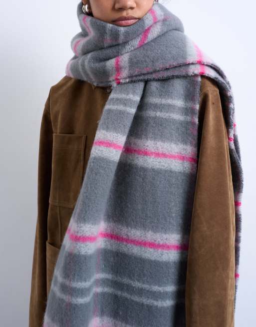 Topshop Sydney Blanket Scarf In Grey & Pink Check